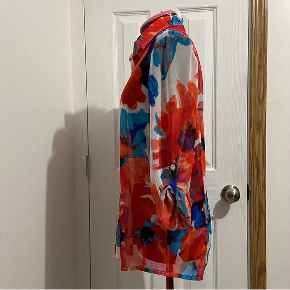 Joseph Ribkoff women floral mesh button down roll tab sleeves top. Size 8. Used. - Picture 3 of 6